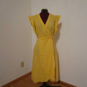 Custom Made Yellow Linen Wrap Dress w/ Butterfly Sleeves